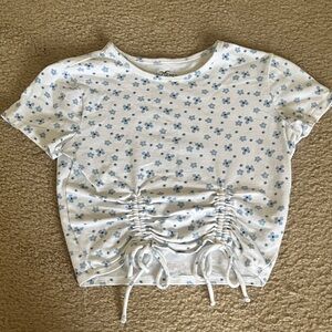 Floral Blue and White Cinch Crop Top